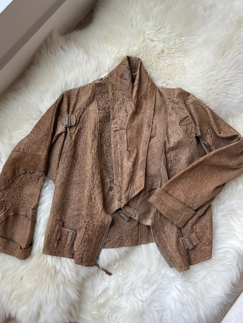 Susan Riedweg Handmade Distressed Leather Jacket Tan Draped Avant Garde Rare